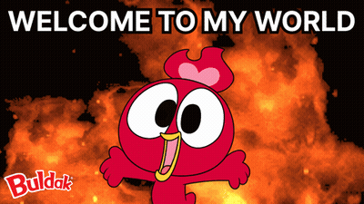 Cartoon Character Says Welcome To My World In Front Of Explosion GIF