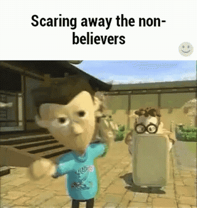 Cartoon Character Scaring Non-Believers GIF