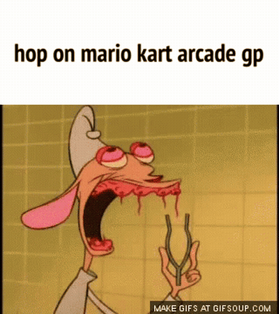 Cartoon Character Screaming Hop On Mario Kart Arcade GP GIF