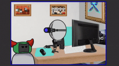 Cartoon Character Sitting At Desk With Computer Monitor GIF