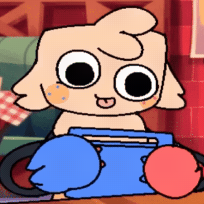 Cartoon Character Sitting At Table With Blue Item GIF