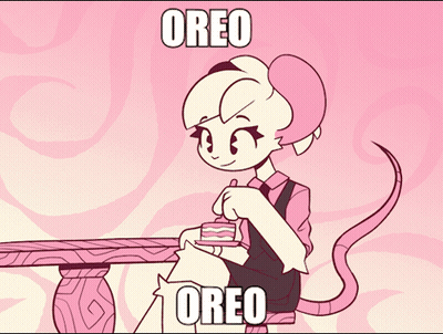 Cartoon Character Sitting At Table With Cake And Oreo GIF