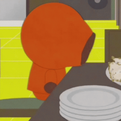 Cartoon Character Sitting At Table With Stack Of Plates GIF