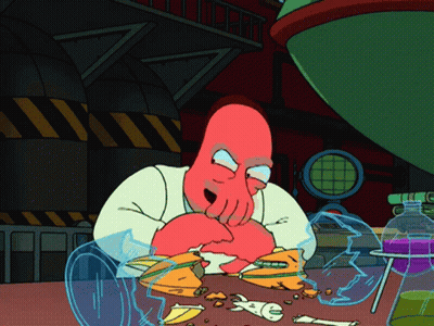 Cartoon Character Sitting At Table With Wrench And Bottle GIF