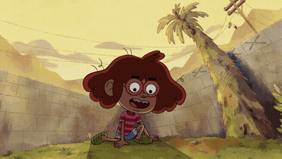 Cartoon Character Sitting by Brick Wall and Palm Tree