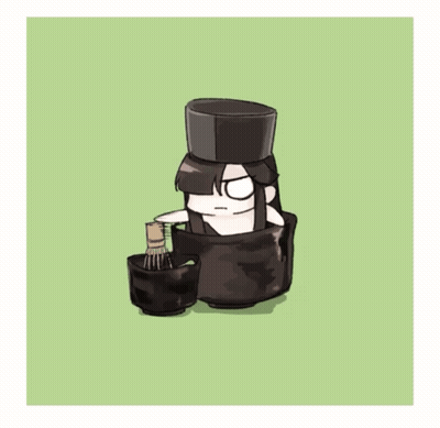 Cartoon Character Sitting In Black Bowl With Whisk GIF