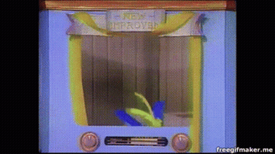 Cartoon Character Sitting In Box Saying New Improved GIF