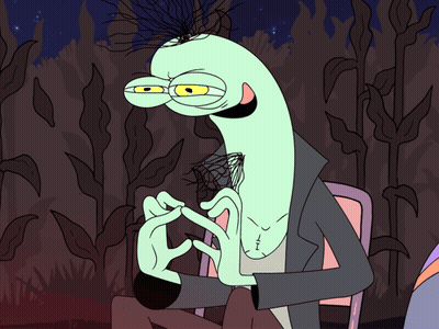 Cartoon Character Sitting In Chair With Hands Together GIF