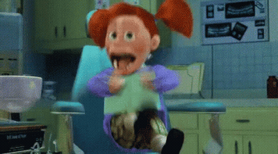 Cartoon Character Sitting In Dental Chair With Mouth Open GIF