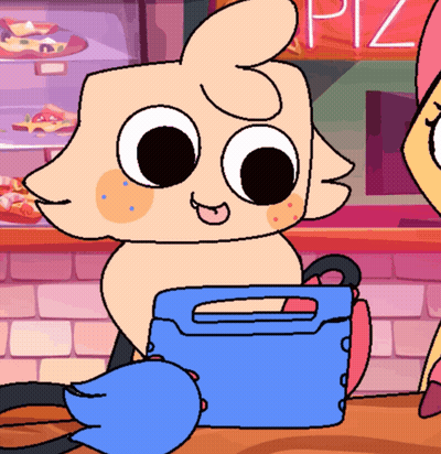 Cartoon Character Sitting In Front Of Pizza Stand GIF