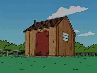 Cartoon Character Sitting In Wooden Shed With Red Ball On Roof GIF