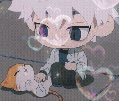 Cartoon Character Sitting Next To Cat With Hearts GIF
