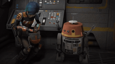 Cartoon Character Sitting Next To Yellow-Headed Robot GIF