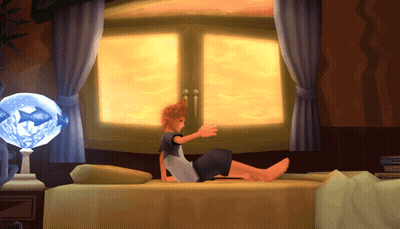 Cartoon Character Sitting On Bed In Front Of Window With Fish Bowl GIF