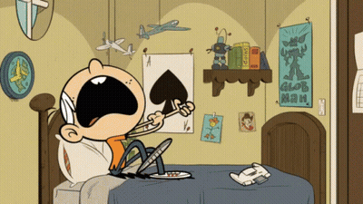 Cartoon Character Sitting On Bed With Glob Man Poster GIF