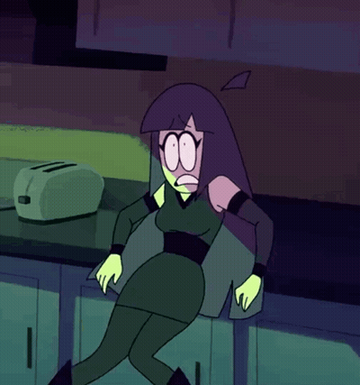 Cartoon Character Sitting On Counter With Toaster GIF