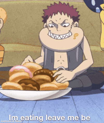 Cartoon Character Sitting On Floor Eating Donuts GIF