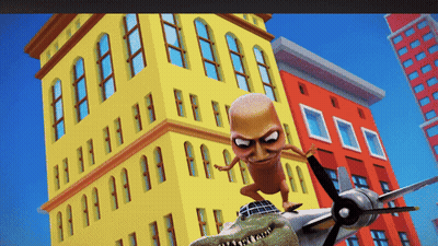 Cartoon Character Sitting On Plane In Front Of Buildings GIF