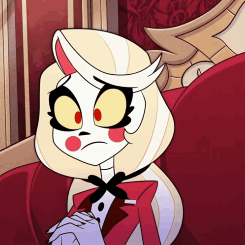 Cartoon Character Sitting On Red Chair With Hands Folded GIF