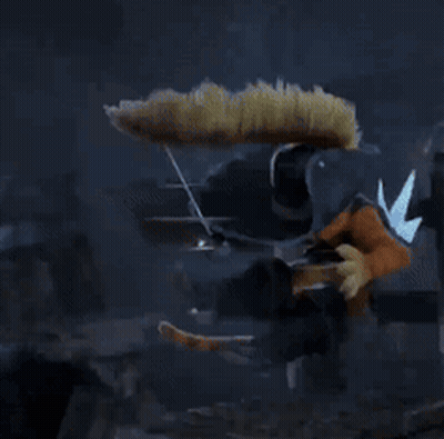 Cartoon Character Sitting On Wooden Stool With Sword GIF