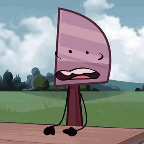 Cartoon Character Sitting On Wooden Table With Knife On Head GIF