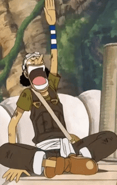 Cartoon Character Sitting With Mouth Open And Arm Raised GIF