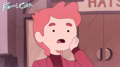 Cartoon Character Standing Before Finna And Cake Sign GIF