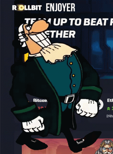 Cartoon Character Standing Before Rollbit Enjoyer Banner GIF