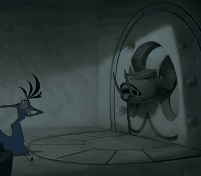Cartoon Character Standing Before Skull Door GIF
