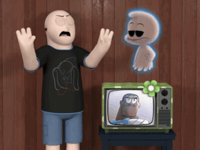 Cartoon Character Standing Before TV With Ghost GIF
