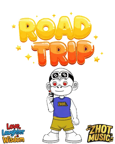 Cartoon Character Standing By Road Trip Sign Sticker