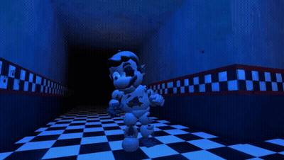 Cartoon Character Standing In Dark Hallway With Checkered Floor GIF