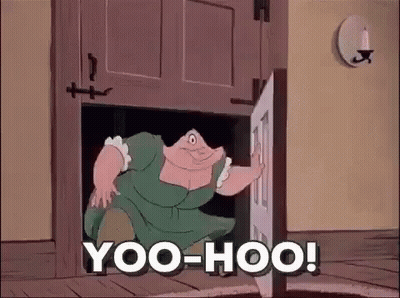 Cartoon Character Standing In Doorway Saying Yoo-Hoo GIF