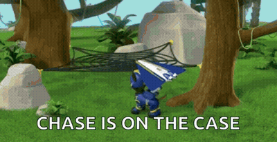 Cartoon Character Standing In Field Saying Chase Is On The Case GIF