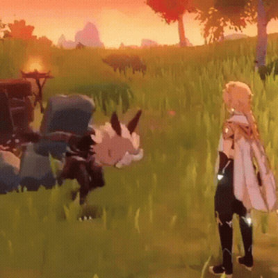 Cartoon Character Standing In Field With Dog GIF