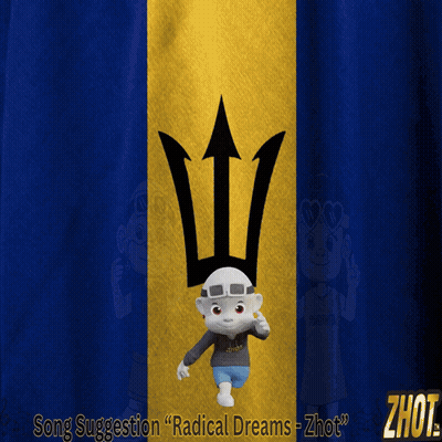 Cartoon Character Standing In Front Of Blue And Yellow Flag With Trident GIF