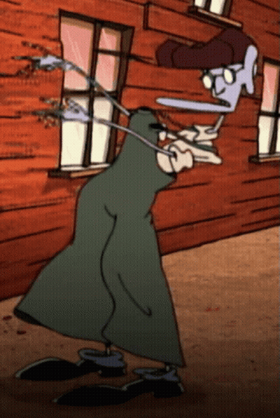 Cartoon Character Standing in Front of Building