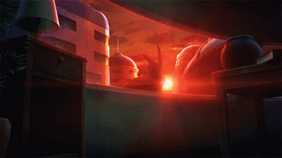 Cartoon Character Standing In Front Of Building With Red Sky GIF