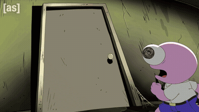 Cartoon Character Standing In Front Of Door Saying As GIF