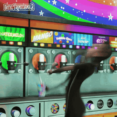Cartoon Character Standing In Front Of Mango Machine GIF