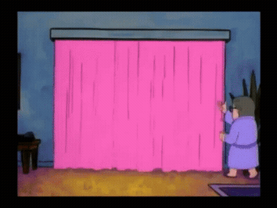 Cartoon Character Standing In Front Of Pink Curtain GIF