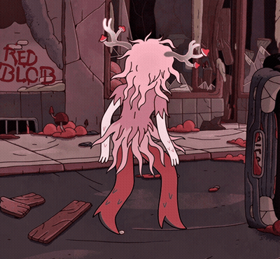 Cartoon Character Standing In Front Of Red Blob Sign GIF