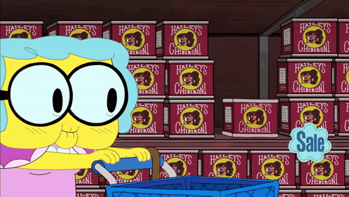 Cartoon Character Standing In Front Of Shelf Of Halley's Chibironi GIF