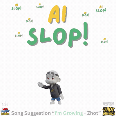 Cartoon Character Standing In Front Of Sign Saying AI Slop GIF