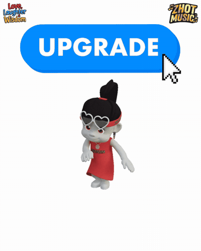 Cartoon Character Standing In Front Of Upgrade Button GIF