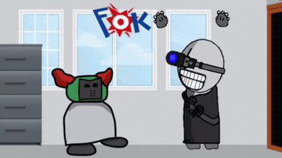 Cartoon Character Standing In Front Of Window With Word Fok GIF