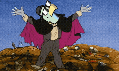 Cartoon Character Standing In Trash Pile Wearing Cape GIF