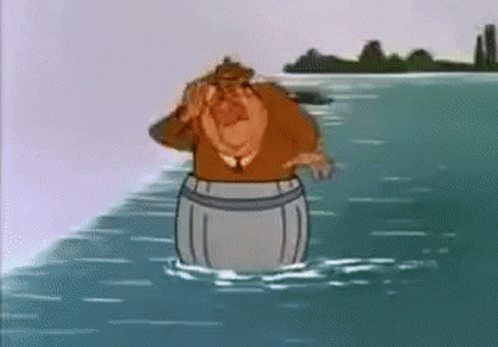 Cartoon Character Standing In Water On Barrel GIF