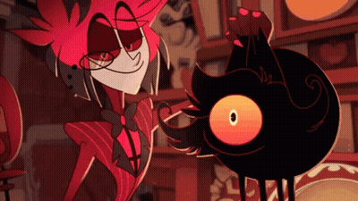 Cartoon Character Standing Next To Black Cat With Orange Eyes GIF