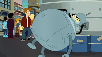Cartoon Character Standing Next To Large Robot GIF